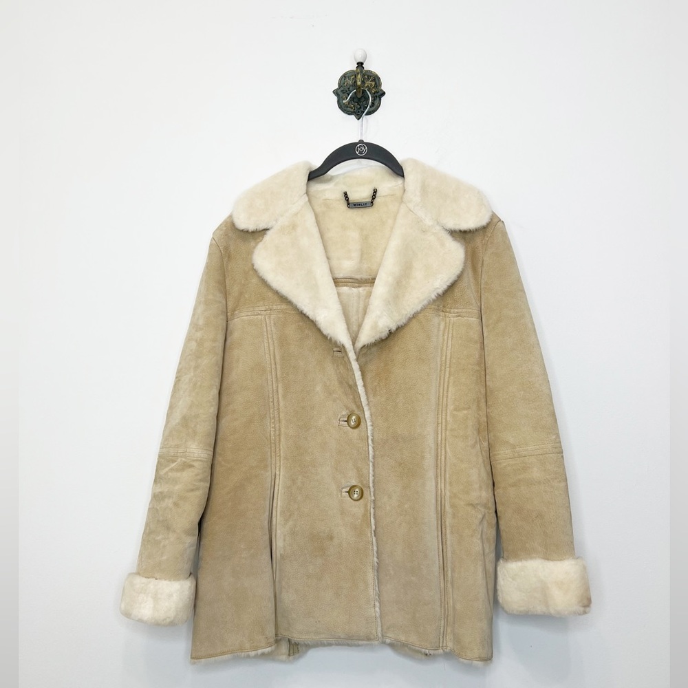 Winlit Tan Suede Leather Faux Fur Lined Button Front Coat  Size Large Vintage